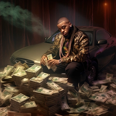 rapper leaning on maybach benz counting money album cover clipart sfumato diffusion fractal