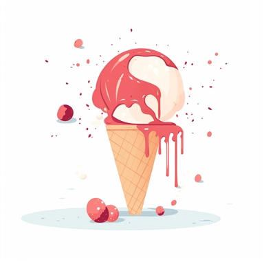vector clipart of a baseball splattering an ice cream cone. the strawberry ice cream is being sprayed everywhere because of the collision with the ball. flat vector graphic with limited colors, isolated on white background