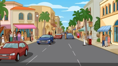 a clipart of small business establishments in a street, terragen landscape, with moving clouds in the background, lot of people walking, cars are parked on side street, busy street, detailed photo, location is Florida beach