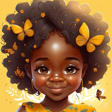 melanin little girl african american clipart close up smile wight background with simmetrical beautiful face and little butterflies sunflavers pixar cartoon style