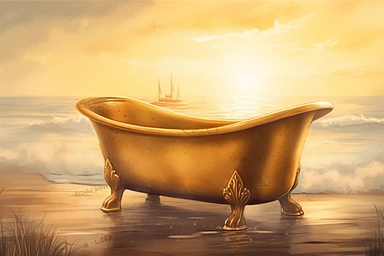 realistic clipart gold bathtub in foggy enchanted seaside, digital painting