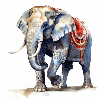 stunning detailed watercolor vintage circus elephant, full body, clipart on white background