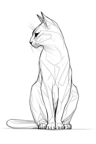 cat sitting in profile, thin line silhouette outline simple one line sketch, vector logo clipart, leonardo da vinci style, white background,