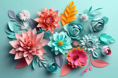 3d render, craft paper flowers, floral clip art set, botanical design elements, bright candy color, isolated on sky blue background vector art illustration