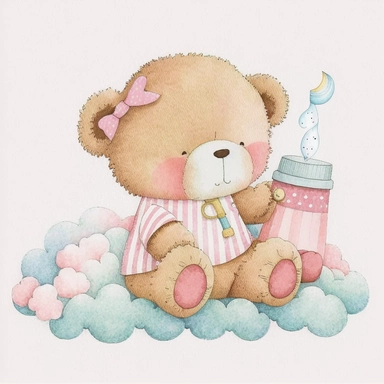 an ultra Cute little baby teddy bear wearing pink striped pyjamas romper with a pink baby bottle and pacifier sitting on a pink fluffy rug, watercolour, cute,, isolated on white background, Clipart