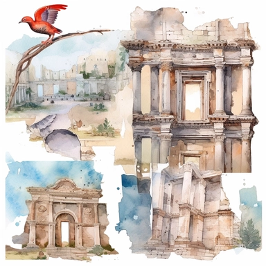 watercolor turkey ephesus ruins, illustrations clipart set, simple, , cartoon elements ,different variants ,marble elements, separate elements with a margin