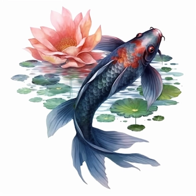 beautiful japanese a koi fish in dark pond, lotus flower and leaves, watercolor style, Sublimation Clipart,hyper realistic, intricate detail, illustration style,high solution,on the white background