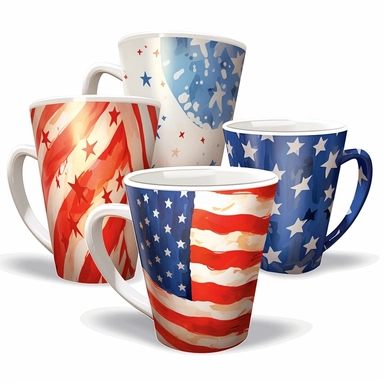 more cups togather classic coffee mug,paper coffee cup, painting of 4th of july,patriotic cup,paper cup,coffee cup and more cups togather,hyper realistic,style by art nouveau,indipendence day,red white and blue,celebrate freedom,patriotism,clipart white background
