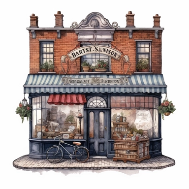 a vintage butcher shop with a victorian bicycle outside, quirky and whimsical, clipart on white background
