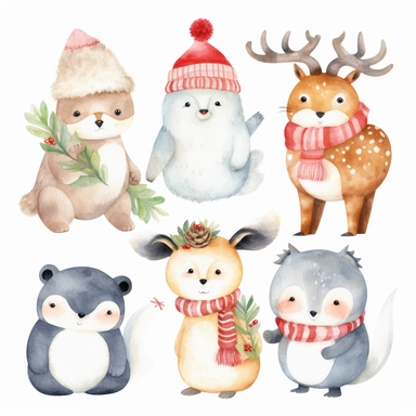 Cute Christmas animals, such as reindeer, penguins, polar bears, and owls, in festive outfits and accessories, watercolor png clipart on a white background