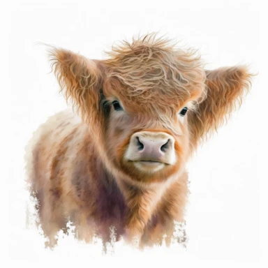 Cute head of a baby highland cow, adorable, watercolour clipart, absolutely nothing in the background just a white plain background, long hair, light colours
