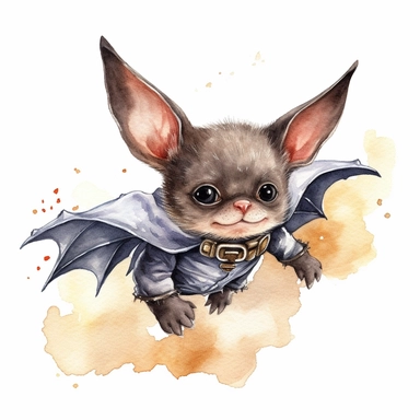 a captivating watercolor clipart image with a white background and white margins, featuring a baby bat wearing a tiny superhero cape, ready to embark on an adventurous mission. The ultra-detailed, hand-drawn elements capture the courage and determination of the baby bat. Use bold shades of various colors to create a visually appealing and empowering image that conveys the idea of bravery and strength.
