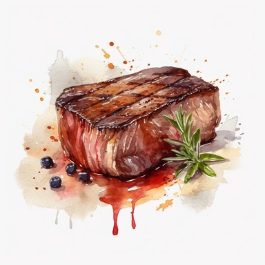 grilled steak watercolor clipart, hi-res, 4k, realistic, simple, white background, single design