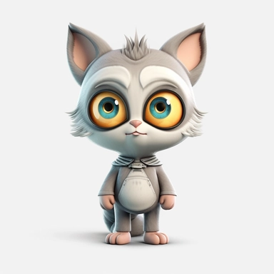 Front view of animated big eyed cat standing wearing t-shirt character design, full body, face drawing in top quality, high quality face drawing, clipart, full illustration, 4k, sharp focus, skin. Soft, symmetrical, detailed face, concept art, fairy tale style, Chibi Kawaii. Octane rendering, 3D, perfect face, detailed face, delicate face, perfectly sharp lips. model, detailed eyes