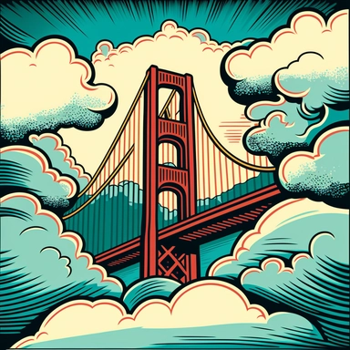 Golden Gate Bridge, San Francisco looking up, clouds in background, tattoo flash, clipart, in the style of Motawi Art Tiles, detailed, thick line art, Vector, Illustrator, limited colors, pen and ink brush, 32k,