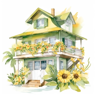 Begonia Beach House - This watercolor clipart from the Whimsical Botanical Dwellings collection captures a sunny beach house created entirely from Sunflower Yellow begonias and Fern Green leaves. The design is separated from the white background, emphasizing the cheerful yellow and vibrant green hues. This clipart piece adds a touch of summer sunshine to the collection.