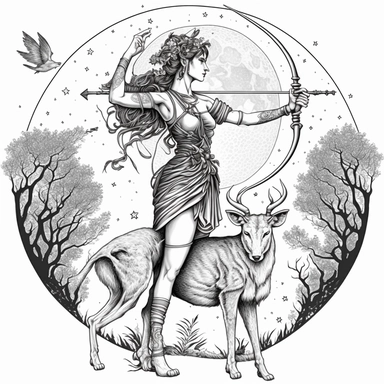 an epic statuesque Greek God Artemis, bow and arrow, animal companion, moonlit forest, clip art, tattoo design, fantasy, no color, elite, magical realism, highly detailed, full wide angle, full body, isolated on a tall all white background