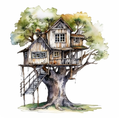 watercolour treehouse clipart illustration, on an isolated clean white background, with black ink outline and black border, cut out