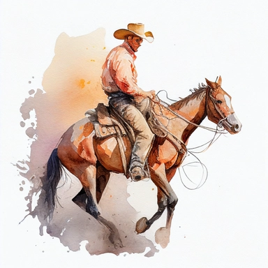 watercolour and pencil full body drawing of a cowboy on his horse, working hard, tough face, dynamic pose, beautiful watercolor ink wash coloring, thick pencil lines, watercolor illustrations clipart, watercolor illlustrations, plain white background
