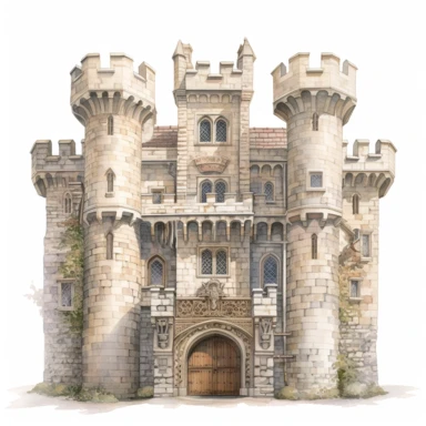 watercolor for a clipart with a white background of a hyperdetailed medieval castle, painted by Mary Jane Ansell
