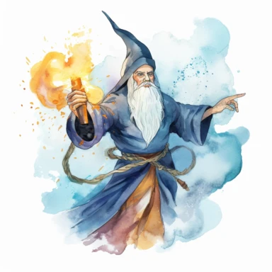medieval bearded merlin magician creating a storm in the sky with bright energy around him watercolor clipart no fonts no words no letters