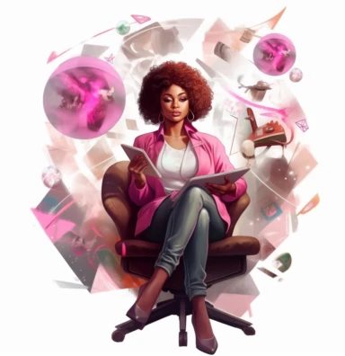 African American Black Girl Magic boss lady vector clipart vector illustration with transparent background, in the style of light indigo and light crimson, photo-realistic hyperbole, cluj school, transparent/translucent medium, detailed crowd scenes, light pink and light emerald, dark brown and white