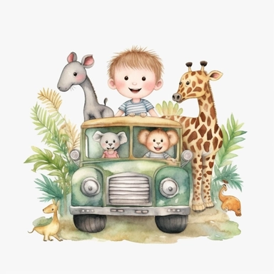 Watercolor clipart, A super cute happy boy and safari animals, in a jungle jeep, illustration watercolor style, minimalistic, clipart, children's book illustration, hd, 16k, 4k, isolated white background, single design, single object, watercolor illustration by mark ryden, print on demand image, PNG transparent background, solid white background for Clipart