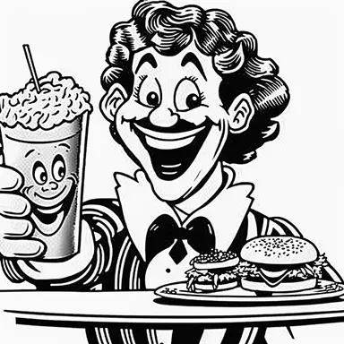 retro cartoon comic of Ronald McDonald smiling and offering a tray with a glass of stinky coke, wormy fries and a garbage burger, black and white vintage art clipart illustration, white background,