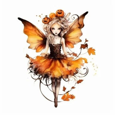 watercolor style Halloween fairy, clipart, large orange,wings, black white stripes, pumpkin, isolated on white background, in the style of Amy Brown, beautiful fall floral, bright color, crisp lines, chaos 8
