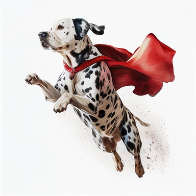 dalmation jumping in mid air wearing a red cape, watercolor clipart, white background, no text or logos,