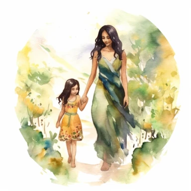 Watercolour illustration, A beautifu mexican Mom and Me Watercolor, Clipart, High Res, Mother's Day, Mother's Love, waterpaint, fresh colors, happy, white backgroundm, simplified Art Nouveau, walking, enchanted forest, front to camera, version 4 style, high detailed, sharp