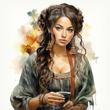 Hyperrealistic high detailed watercolor mexican woman drinking coffee clipart, white background