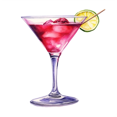 a watercolor clipart of a Cosmopolitan cocktail in a martini glass on a white background, in the style of realistic watercolor paintings, realistic, detailed rendering