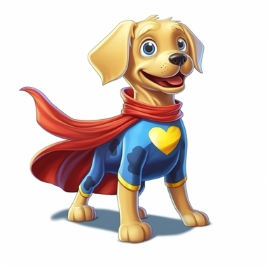 a cartoon superhero dog doing Superhero pose Sublimation Clipart, cute Cartoon, hyper-realistic, detail, illustration style, high solution, on the white background