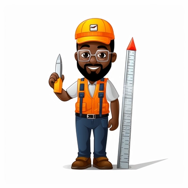 black man architect cute character clipart, measuring a building, white background