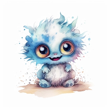 watercolour illustration, cute baby monster, big eyes, smiling, pastel, pale blue, aquarrellist, clipart, isolated, white background,