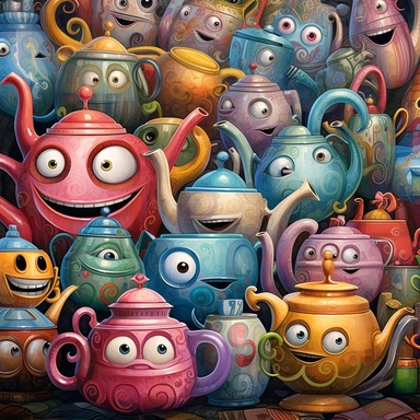 Whimsical magical wacky tea pots, dancing, large eyes, big smile, muted colors, swirls, twists, twirls, metallic, glitter, stylized, funny, centered, airbrushed, digital oil, detailed illustration, clip art, cartoon, 8k,-- ar 9:8