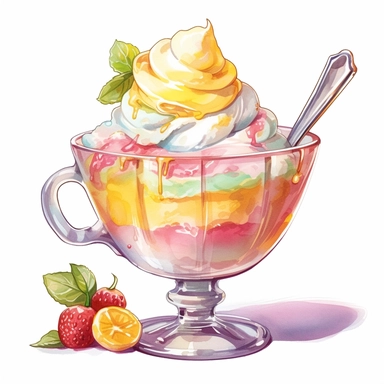 a drawing of a dessert featuring candy and whipped cream, icecream sundae, lemon, glass bowl, in the style of pastel toned, shiny/glossy, colorful fantasy realism, caffenol developing, warmcore, #screenshotsaturday, rubens, white background, isolated, free brushstrokes, watercolor illustration, clipart,
