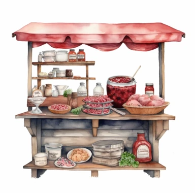 hand drawn ROADSIDE STAND WITH STRAWBERRY JAM AND COUNTRY HAM leg , very detailed and realistic , watercolor, white background with margins, clipart style