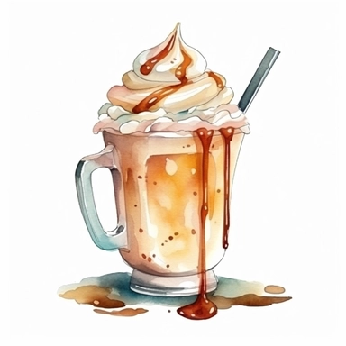 a cup of frapuccino with cream on top,clean image, clipart on white background, watercolor