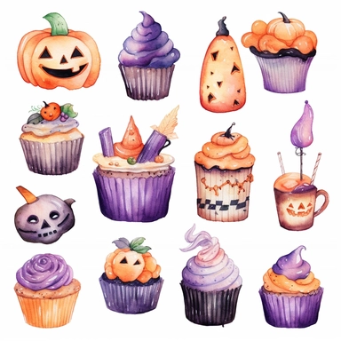 Watercolor halloween dessert, cupcake,cookies,cake,candy,illustrations clipart set, witch,bat,pumpkin,simple, purple orange black white colors, cartoon elements, different variants, separate elements with a margin