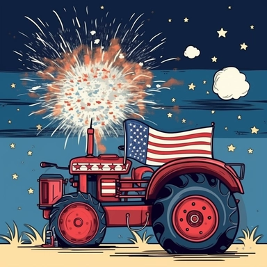 Super cute, American flag with tractor and firework Sublimation Clipart, Cartoon funny, Cute anime, Very detailed, blue sky colorful background