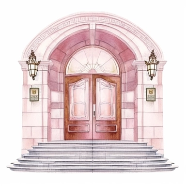 isolated illustration on a white background, a school entrance , Clipart, watercolor, realistic, 32K, watercolor realistic, hyperrealistic and highly detailed, soft outline, feminine style,pastel very soft pink beige and white colors