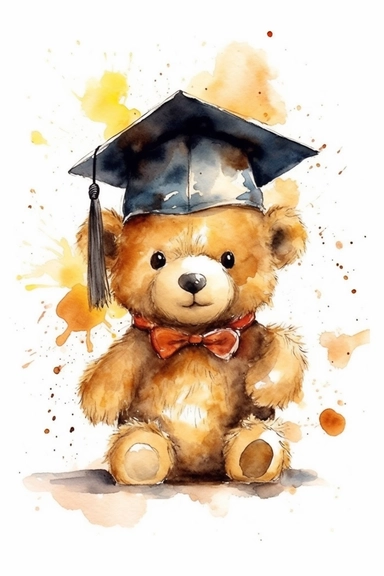 Create a watercolor clipart picture of a cute and happy baby bear wearing a graduation cap. The bear should have an adorable and delighted expression, with its fur depicted in soft watercolor textures. The graduation cap should be adorned with a tassel and placed on the bear's head. Surround the bear with celebratory elements such as confetti, balloons, and diplomas.