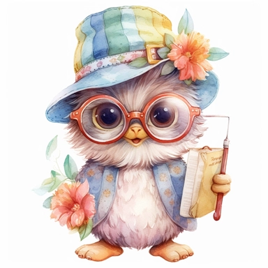 clipart happy baby owl in glasses with hat, summer pastel colors, 8k, white background