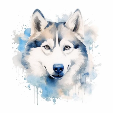 watercolor husky with blue eyes, all white husky, cute, adorable, cute, clipart