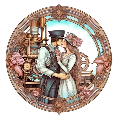 In the enchanting presence of a steampunk steam train, a couple's first kiss takes place, framed by the intricate gearwork and brass accents that adorn the classic locomotive, their love intertwined with the spirit of adventure. Ultra high quality, intricate detail, retro - futurism, pastel clipart, white background