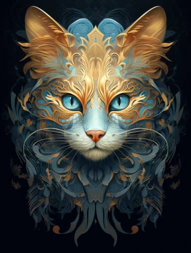 A cat portrait in a gold dress with ornate gold tattoo, in the style of dark blue and light aquamarine, fractal patterns, mind - bending murals, dark cyan and orange, zbrush, depictions of animals, distinctive noses, clipart png, photorealistic, watercolor, digital painting, WHITE BACKGROUND, fantasy style, realistic, painting, 8k, ultra details,