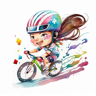 a watercolor painting of chibi Triathlete girl riding a triathlon bicycle, wearing bicycle helmet, wearing a triathlon gear, with athletic outfits, full body, smiling, both hands over the aerobars, Sport graphics, action clipart, 8k, watercolor, pastel colors, isolated on white background, 3d