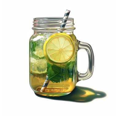 incredible detailed hyperrealistic acrylic illustration, sweet green tea drink in jar with straw clipart, hyperrealism, clear picture in high resolution, highlights , white background, appetizing, clear and contrast image, reflections, very detailed drawing, menu illustration, realism, high quality, lighting like in a photo studio, hd